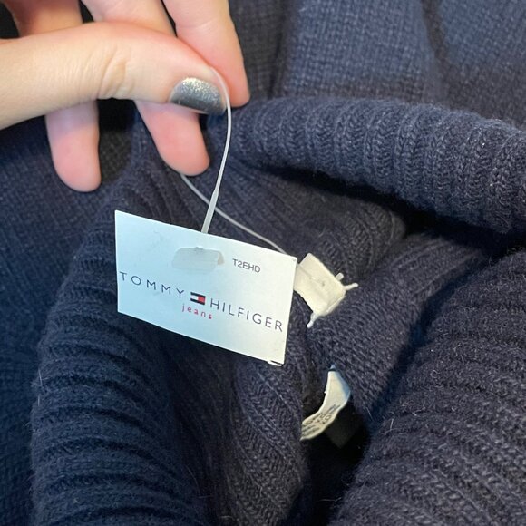 Vintage Tommy Hilfiger Star Pattern Navy Wool Blend Turtleneck Sweater Size L - Picture 5 of 6